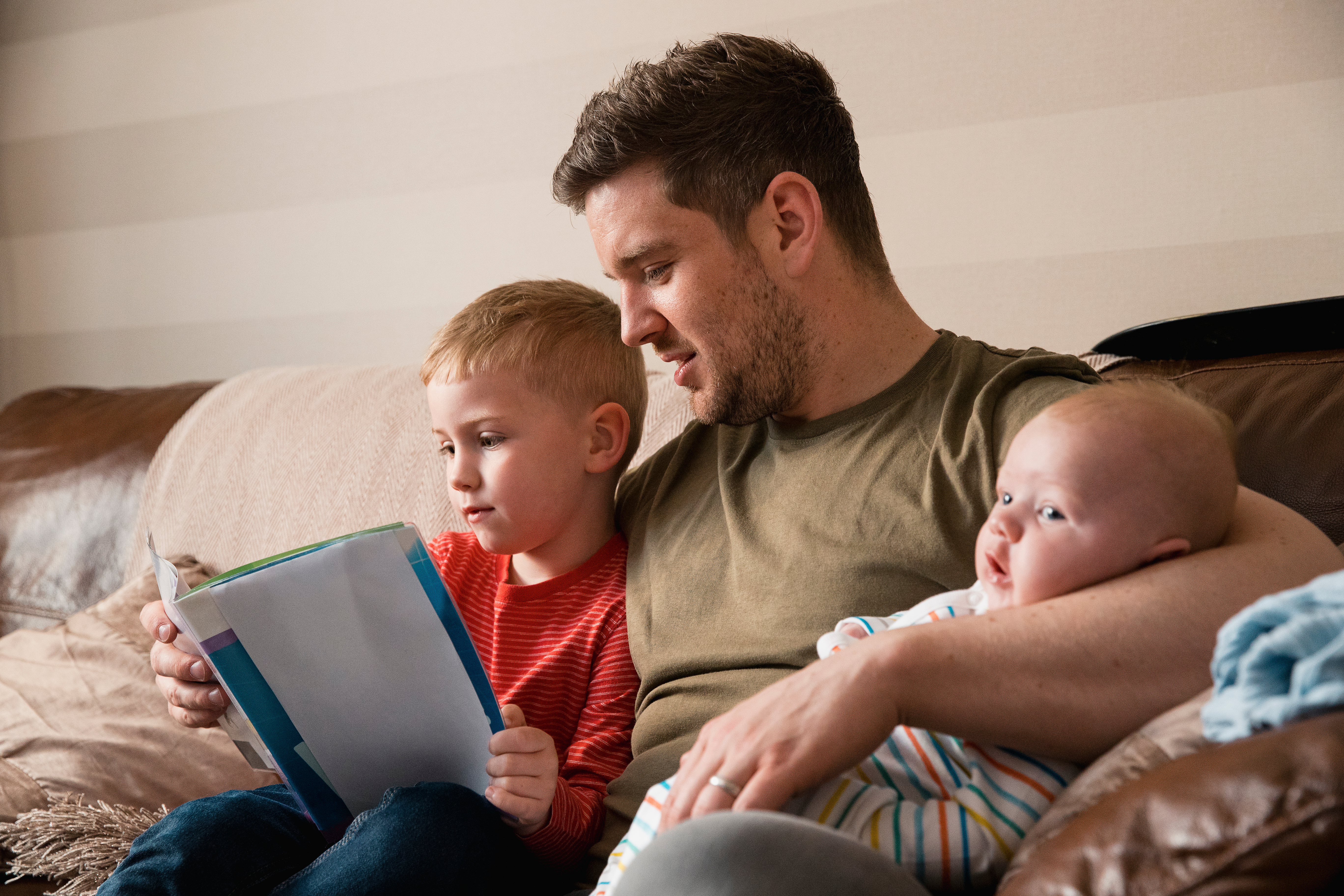 Father reading to two children on couch